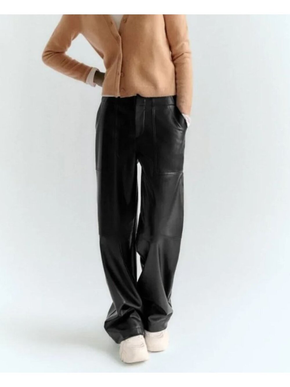 Zara Black Faux Leather Cargo Pants Size XS S Trousers Wide Leg Slacks Baggy